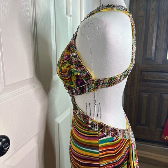 Camille La Vie Multicolor Plunge Neckline Cocktail Prom Long Train Dress Sz 4 - Picture 9 of 16